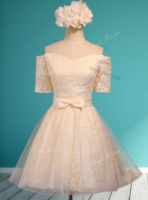 Pretty Off the Shoulder Short Sleeves Champagne Dama Dress with Bowknot