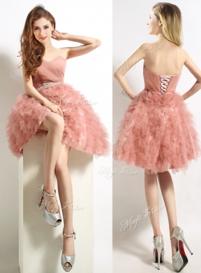 Classical Beaded and Ruffled Short Prom Dress in Peach