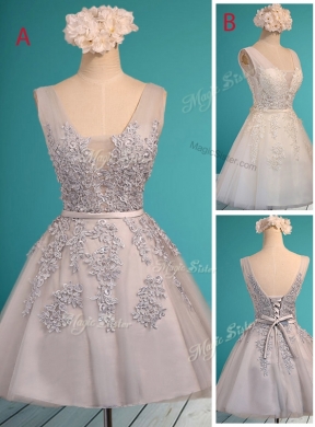 See Through Deep V Neckline Prom Dress with Appliques and Belt