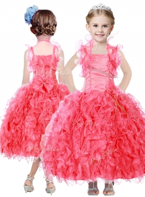 Beautiful Beaded and Ruffled Straps Little Girl Pageant Dress in Coral Red