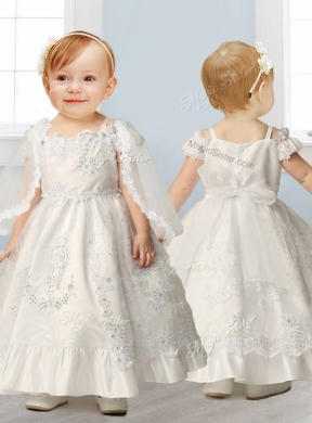 Cheap Spaghetti Straps Cap Sleeves Flower Girl Dress with Lace and Beading