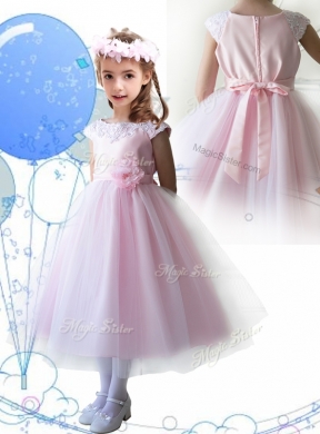 Lovely Scoop Hand Made Flowers and Appliques Little Girls Pageant Dress in Baby Pink