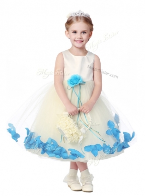 Lovely Tea Length Scoop Little Girls Pageant Dress with Hand Made Flowers and Appliques