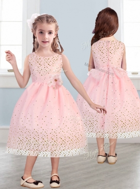 Beautiful Scoop Girls Party Dress with Hand Made Flowers and Sequins
