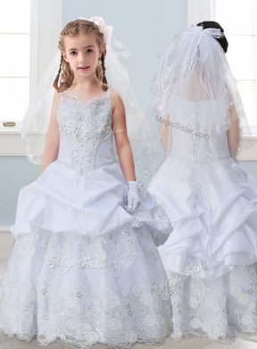 Spaghetti Straps Flower Girl Dress with Lace and Pick Ups
