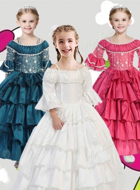 Gorgeous Spaghetti Straps Three Fourth Length Sleeves Girls Party Dress with Lace and Ruffled Layers