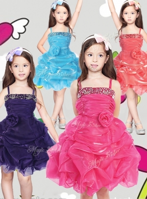 Latest Spaghetti Straps Girls Party Dress with Hand Made Flowers and Pick Ups