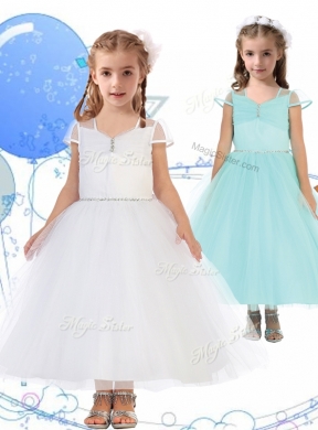 See Through Square Cap Sleeves Girls Party Dress with Beading
