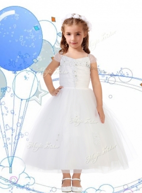 Top Square Cap Sleeves Appliques Girls Party Dress in White