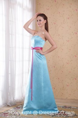 Light Blue Empire Strapless Brush Train Satin Sash Prom Dress