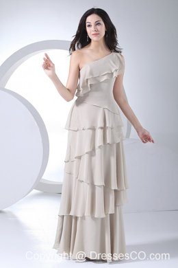 Ruffled Layers Decorate Bodice Grey Chiffon One Shoulder Long Prom Dress
