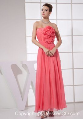 Hand Made Flower Watermelon Red Chiffon Ankle-length Prom Dress