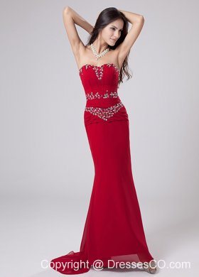 Beading Mermaid Watteau Chiffon Prom Dress Red