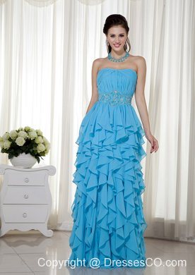 Aqua Blue Prom Dress Empire Strapless Chiffon Beading