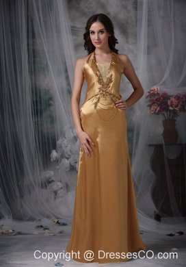 Gorgeous Gold Evening Dress Empire Halter Taffeta Beading Long