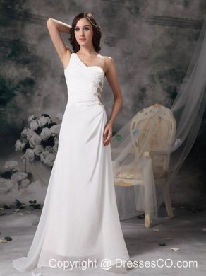 White A-line One Shoulder Chiffon and Taffeta Beading and Ruched Brush Train Prom Dress