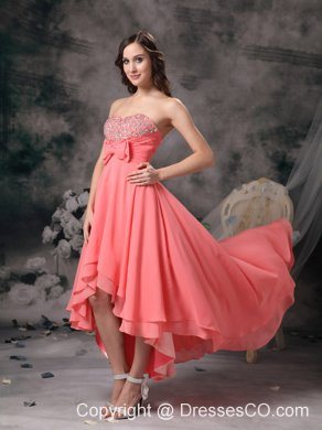 Sweet Watermelon Red A-line Homecoming Dress Chiffon Beading and Bows High-low