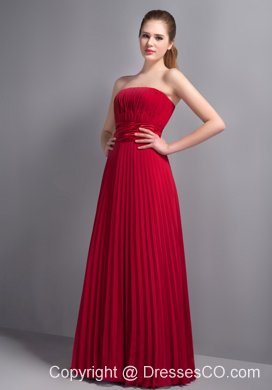 Romantic Red Empire Strapless Bridesmaid Dress Chiffon Pleat Long