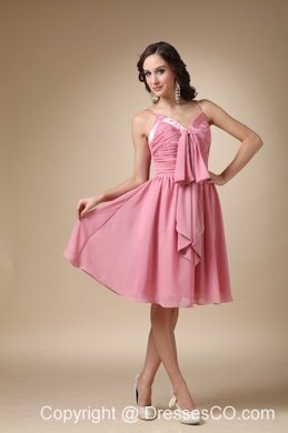 Rose Pink A-line Spaghetti Straps Knee-length Chiffon Ruched Bridesmaid Dress