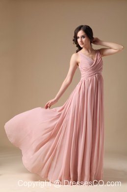 Elegant Peach Pink V-neck Bridesmaid Dress Chiffon Ruche