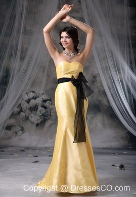 Bowknot and Sash Decorate Waist Mermaid Yellow Brush Train Taffeta Bridesmaid Dress For Popular Style