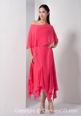 Unique Coral Red Prom Dress Empire Strapless Sequins Asymmetrical Chiffon