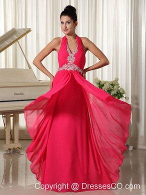 Empire Coral Red Chiffon Halter Waist Appliques With Zipper-up Prom Dress