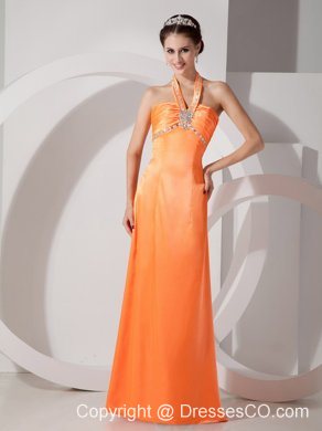 Popular Orange Red Column Halter Evening Dress Satin Beading And Ruched Long