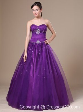 Purple A-line Beading Tulle Prom Dress Long
