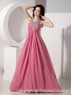 Beautiful Cheap Halter Top Chiffon Prom Dress with Beading