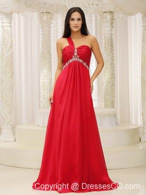 One Shouder Red and Natural Waist Ruched Appliques Chiffon Modest Dress