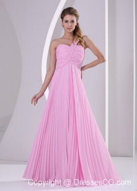 Pink One Shoulder Pleat Chiffon Empire Brush Train Prom Dress For Party