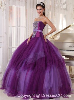 Purple Ball Gown Strapless Long Tulle Beading Quinceanera Dress