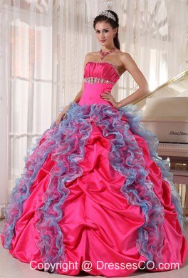 Hot Pink And Aqua Blue Ball Gown Strapless Long Organza And Taffeta Beading And Ruffles Quinceanera Dress