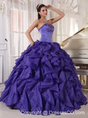 Purple Ball Gown Strapless Long Satin And Organza Beading Quinceanera Dress