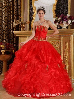 Red Ball Gown Strapless Long Appliques Organza Quinceanera Dress