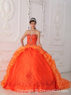 Orange Red Ball Gown Court Train Taffeta Beading and Appliques Quinceanera Dress