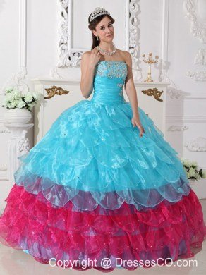 Aqua Blue And Hot Pink Ball Gown Strapless Long Organza Appliques Quinceanera Dress