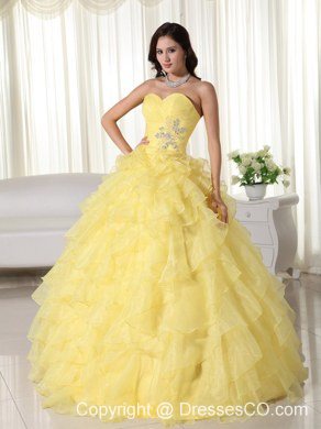 Yellow Ball Gown Neck Long Organza Appliques Quinceanera Dress