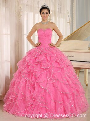 Ruffles and Beaded For Rose Pink Quinceanera Dress Custom Made In Kailua City Hawaii