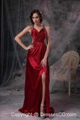 Wine Red Empire V-neck Prom Dress Beading and Ruched Taffeta