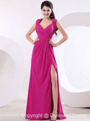 Fuchsia and V-neck For High Slit Prom Dress With Ruching and Brush Train