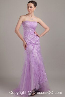 Lavender Mermaid Strapless Brush Train Tulle Ruch Prom Dress