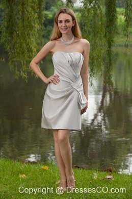 Grey Column / Sheath Strapless Mini-length Satin Ruching Bridesmaid Dress