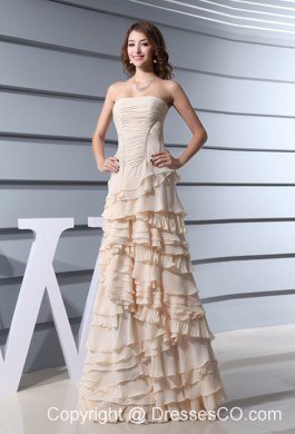 A-Line Strapless Ruffled Layers long Prom Dress in Champagne