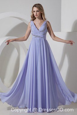 Lilac Empire V-neck Long Chiffon Beading Wedding Dresses
