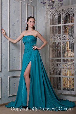 Remarkable Teal A-line Strapless Evening Dress Chiffon and Elastic Woven Satin Beading Court Train