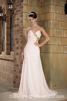 Light Pink Column Brush Train Chiffon Beading Prom Dress