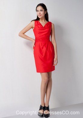 Pretty Red Column V-neck Bridesmaid Dress Mini-length Elastic Woven Satin