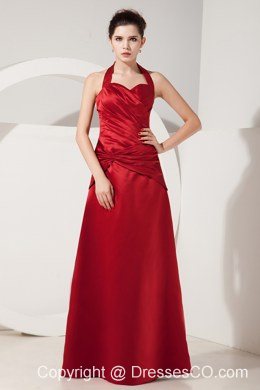 Elegant Red Empire Halter Ruched Bridesmaid Dress Long Satin